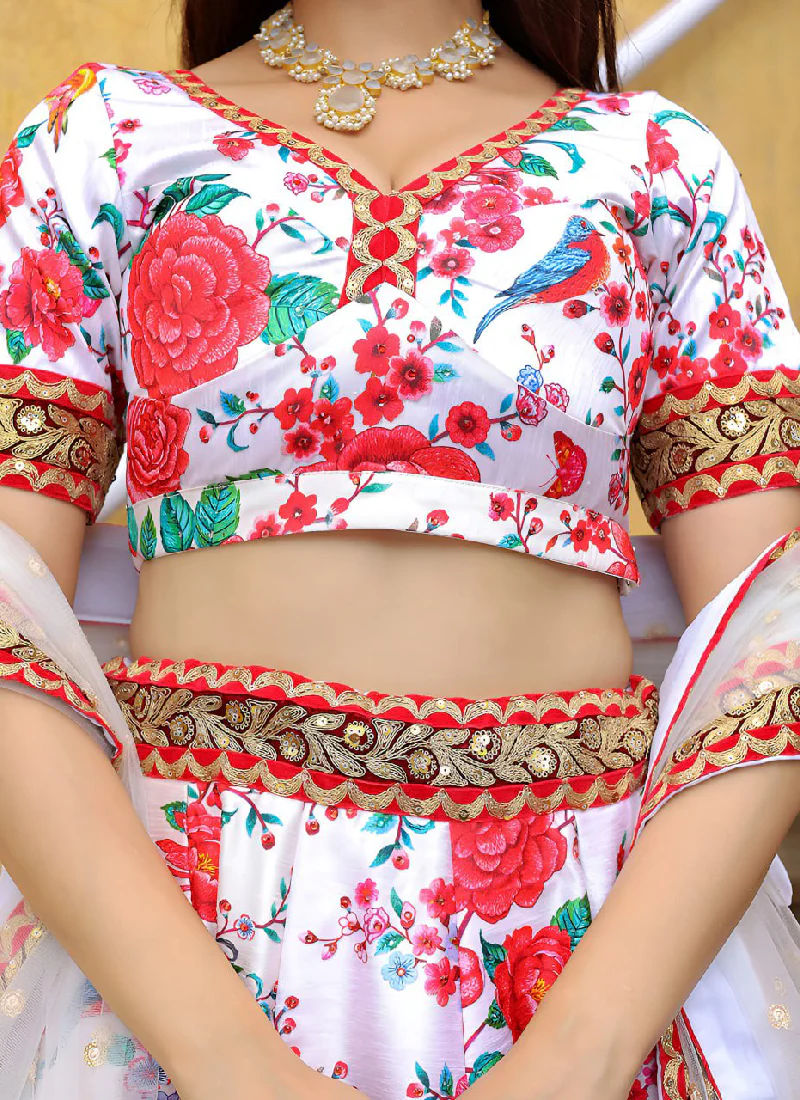 Dori Embroidered Digital Floral Printed Art Silk White Lehenga Choli - Image 8
