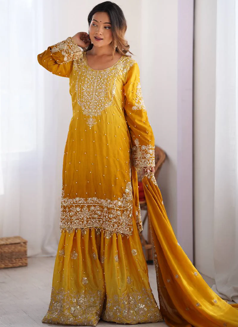 Dori Embroidered Work Chinon Silk Haldi Special Yellow Salwar Kameez - Image 3