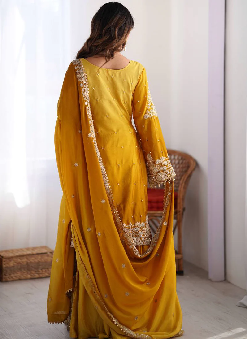 Dori Embroidered Work Chinon Silk Haldi Special Yellow Salwar Kameez - Image 4