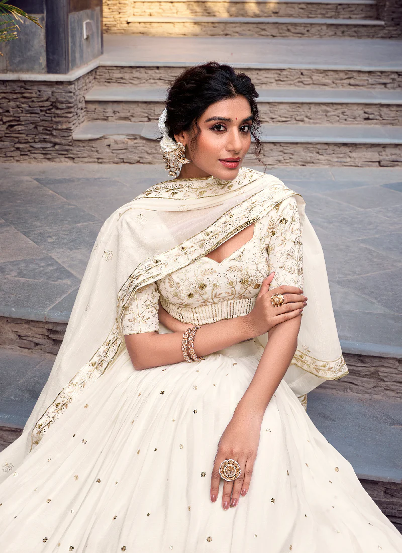 Elegant Silver Glossy Sequin Embroidery White Designer Lehenga Choli - Image 2