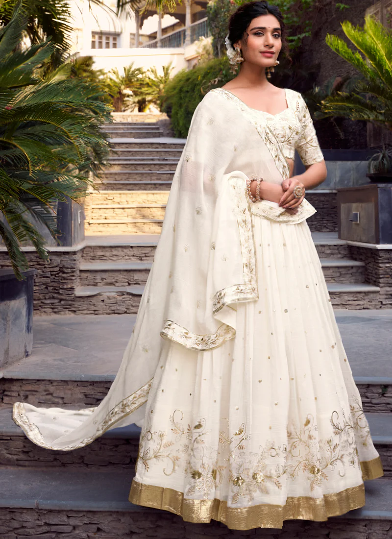 Elegant Silver Glossy Sequin Embroidery White Designer Lehenga Choli - Image 3