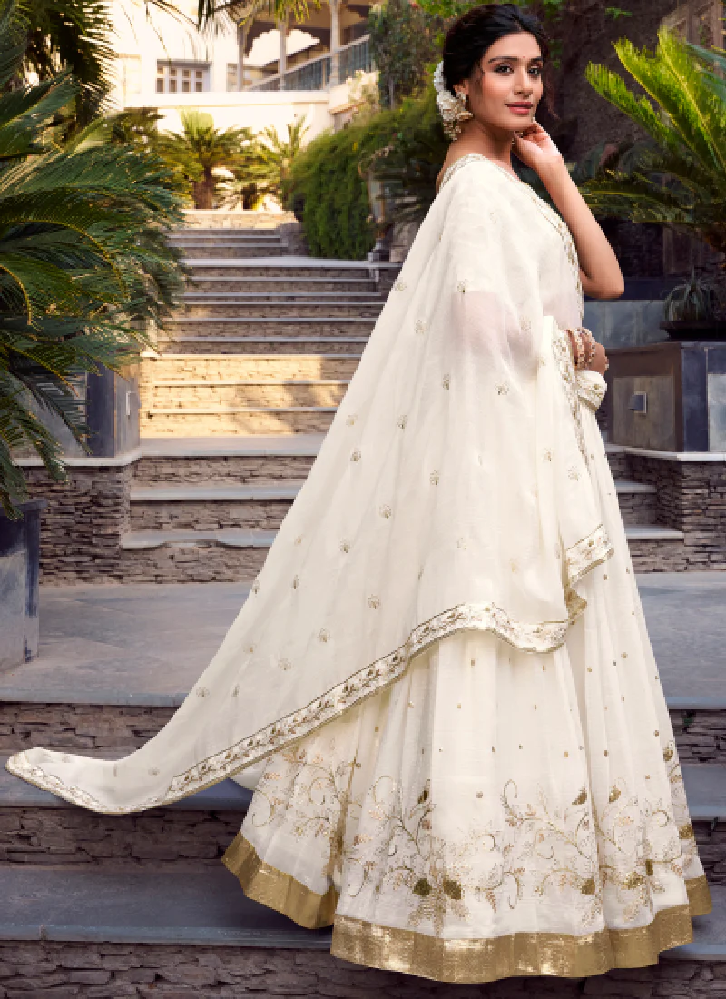 Elegant Silver Glossy Sequin Embroidery White Designer Lehenga Choli - Image 4