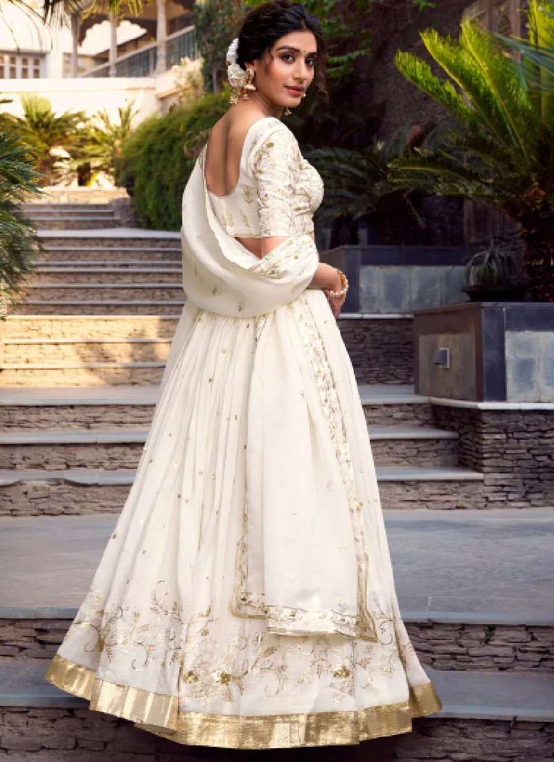 Elegant Silver Glossy Sequin Embroidery White Designer Lehenga Choli - Image 5