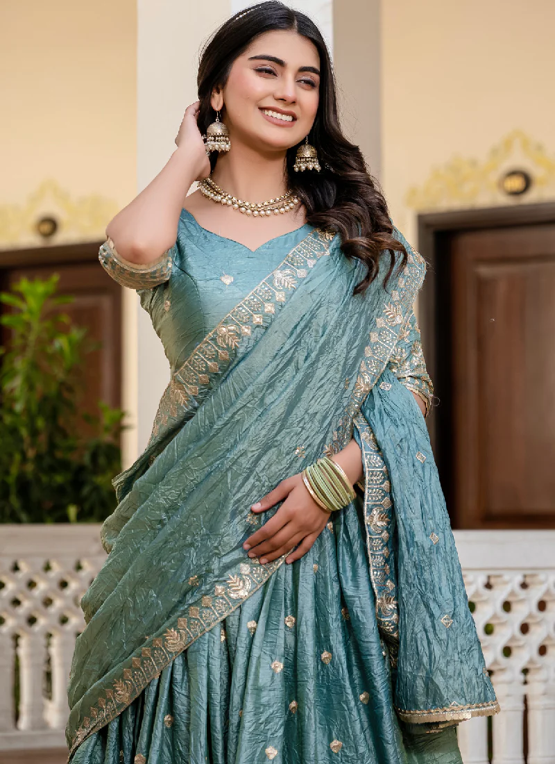 Elegant Sky Blue Gold Crush Zari Embroidered Wedding Lehenga Choli - Image 2