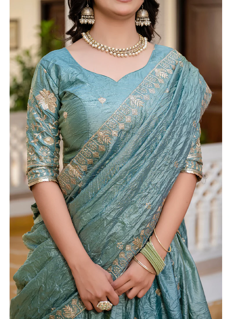Elegant Sky Blue Gold Crush Zari Embroidered Wedding Lehenga Choli - Image 3