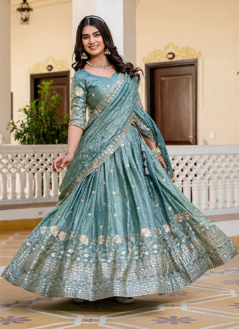 Elegant Sky Blue Gold Crush Zari Embroidered Wedding Lehenga Choli - Image 5