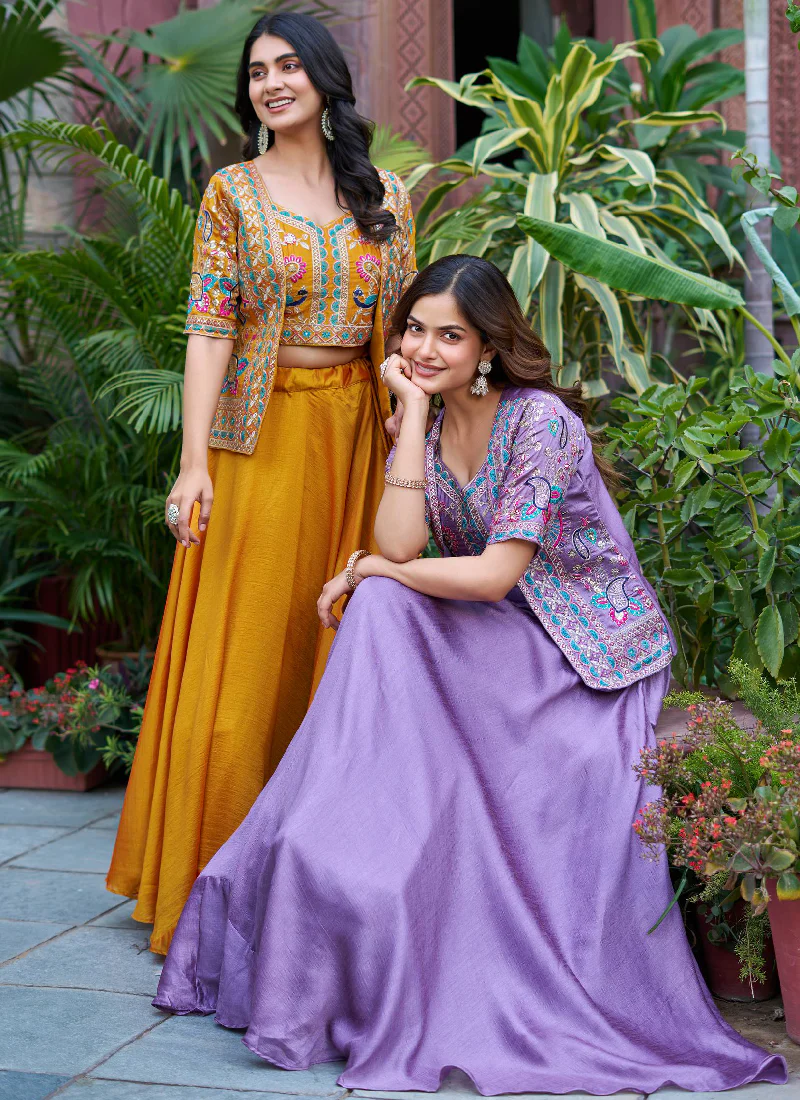 Embroidered Blouse And Jacket With Vichitra Silk Lavender Lehenga - Image 10