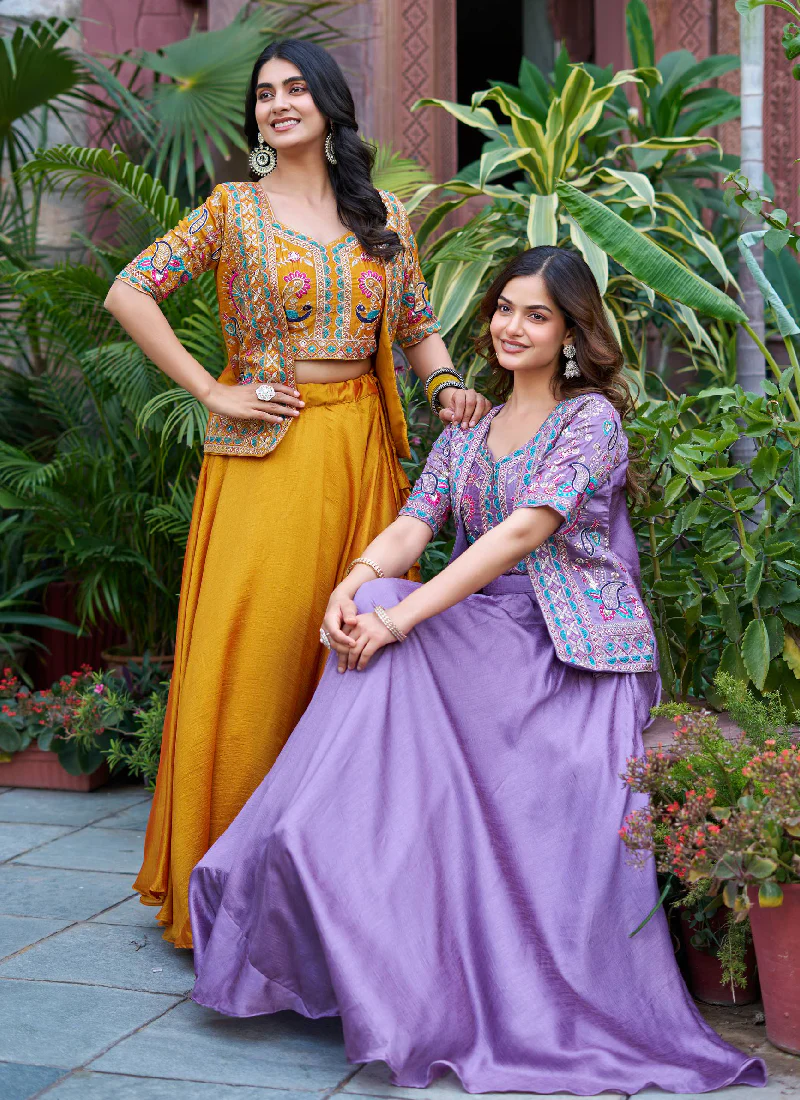 Embroidered Blouse And Jacket With Vichitra Silk Lavender Lehenga - Image 11