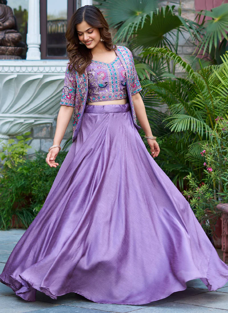 Embroidered Blouse And Jacket With Vichitra Silk Lavender Lehenga - Image 3
