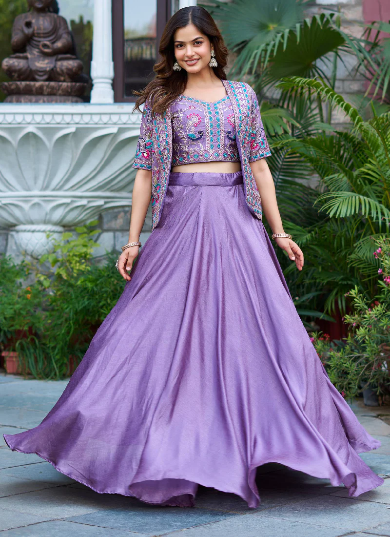 Embroidered Blouse And Jacket With Vichitra Silk Lavender Lehenga - Image 4