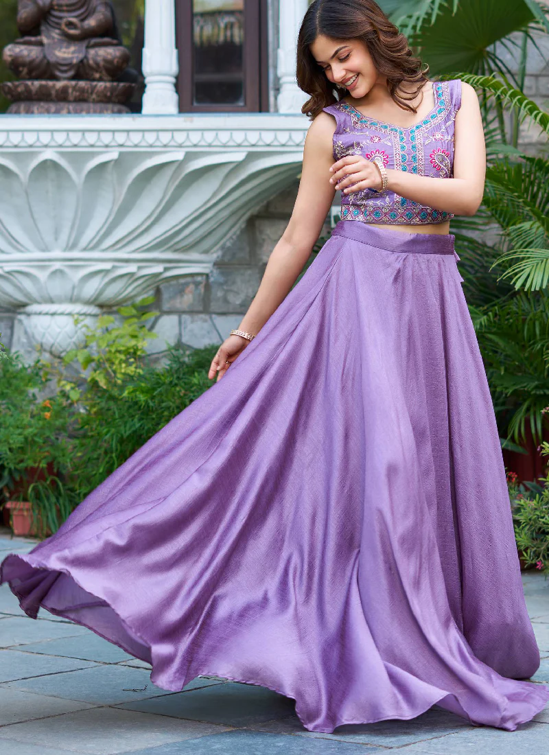 Embroidered Blouse And Jacket With Vichitra Silk Lavender Lehenga - Image 5