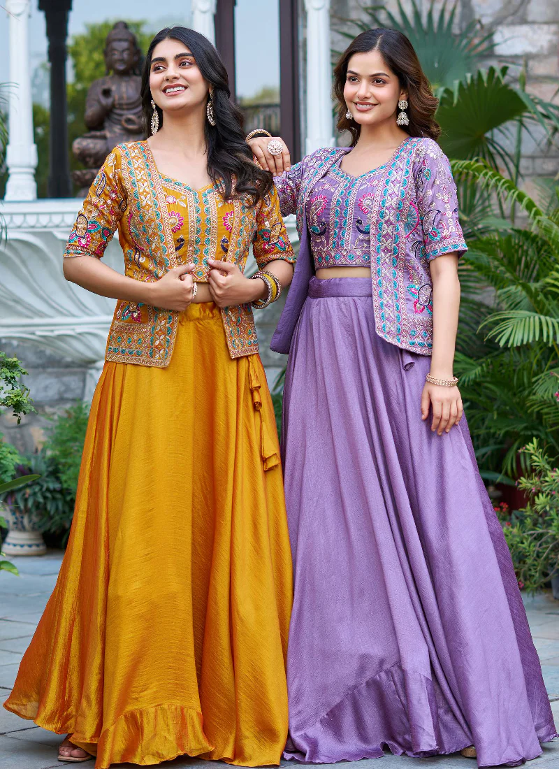 Embroidered Blouse And Jacket With Vichitra Silk Lavender Lehenga - Image 6