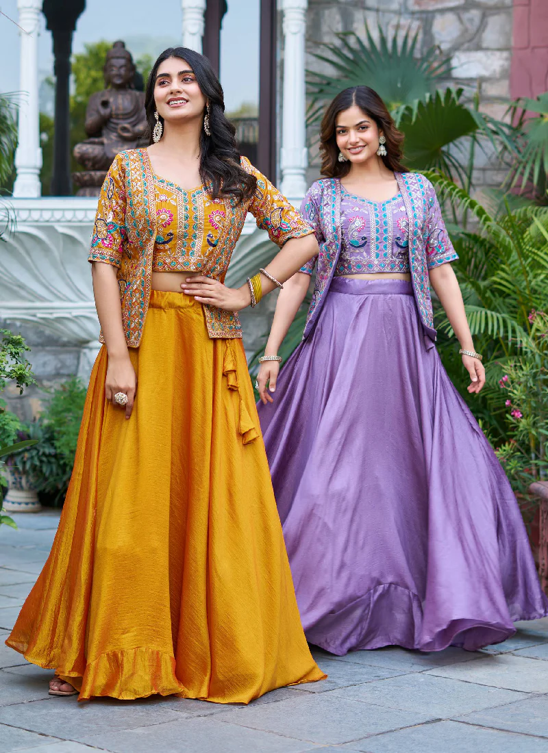 Embroidered Blouse And Jacket With Vichitra Silk Lavender Lehenga - Image 7