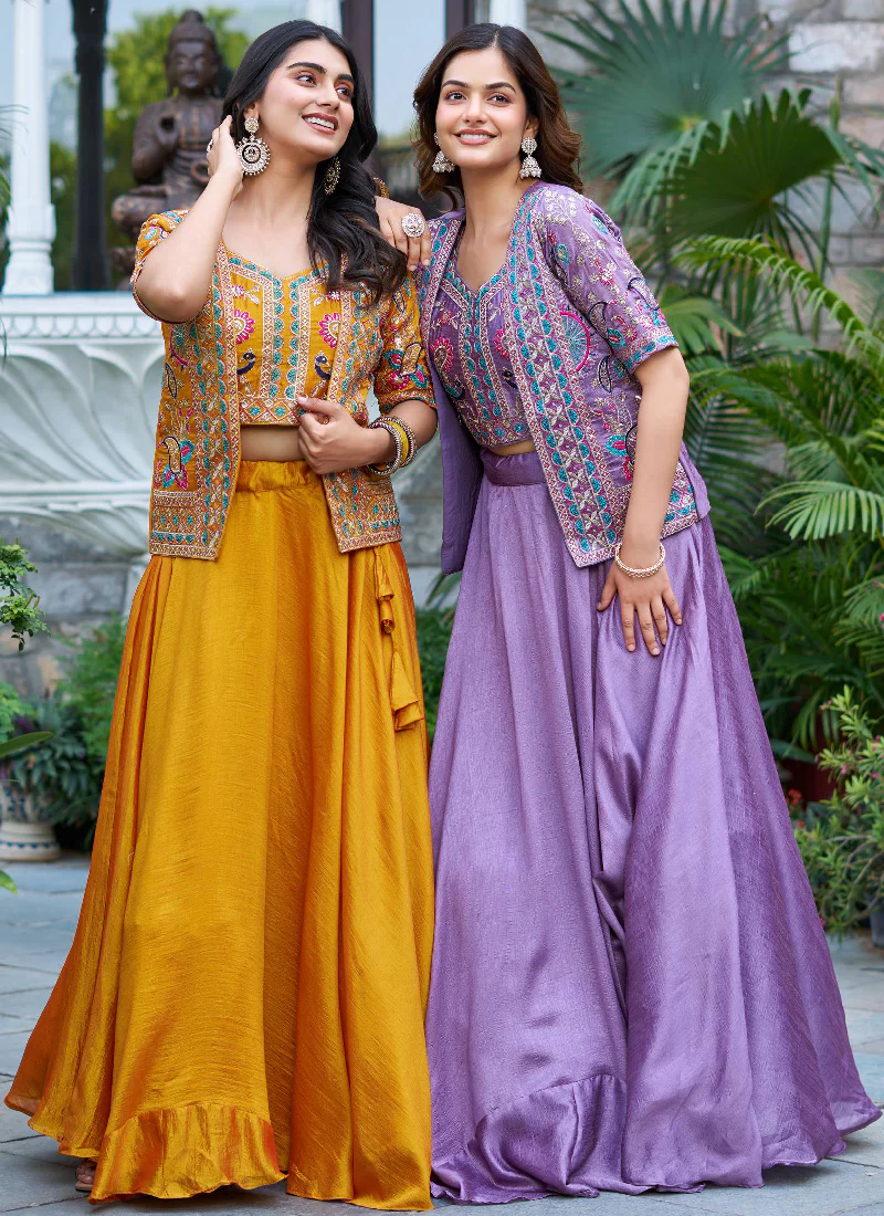 Embroidered Blouse And Jacket With Vichitra Silk Lavender Lehenga - Image 8