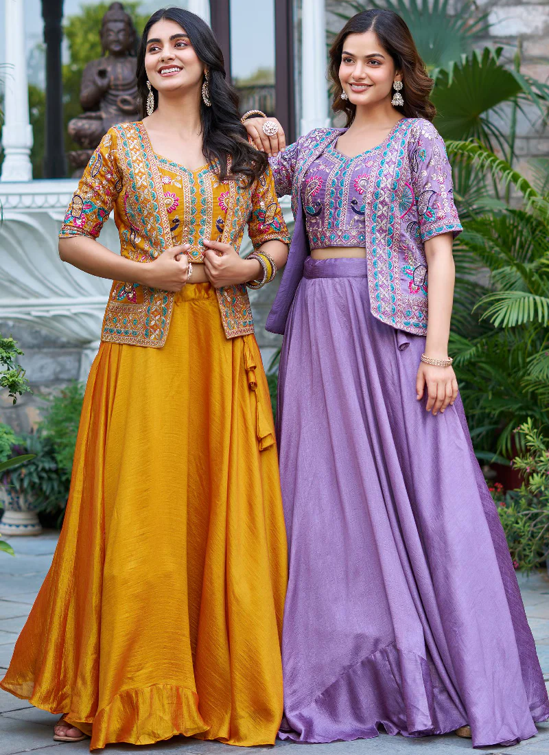 Embroidered Blouse And Jacket With Vichitra Silk Lavender Lehenga - Image 9