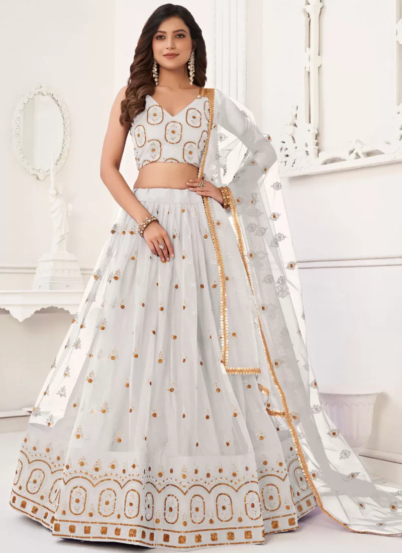 Embroidered Butterfly Net White Engagement Lehenga Choli - Image 2