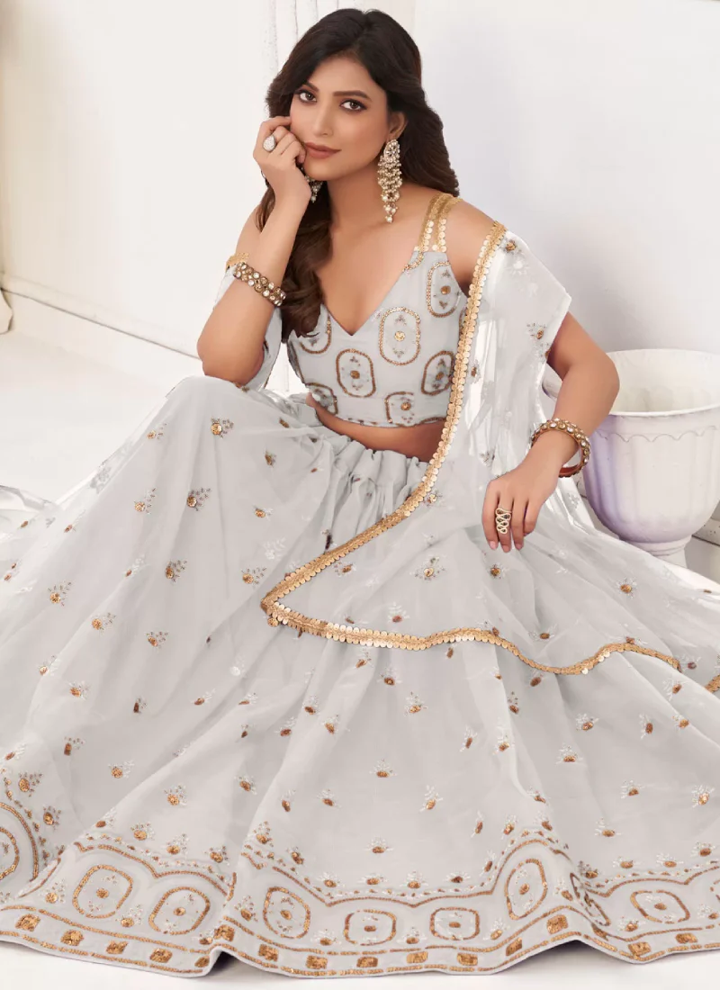 Embroidered Butterfly Net White Engagement Lehenga Choli - Image 4
