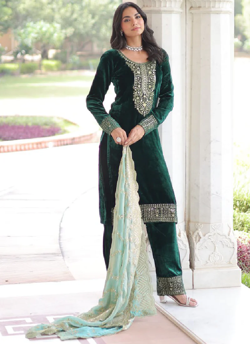 Embroidered Dark Green Velvet Pakistani Salwar Kameez With Dupatta Set - Image 5
