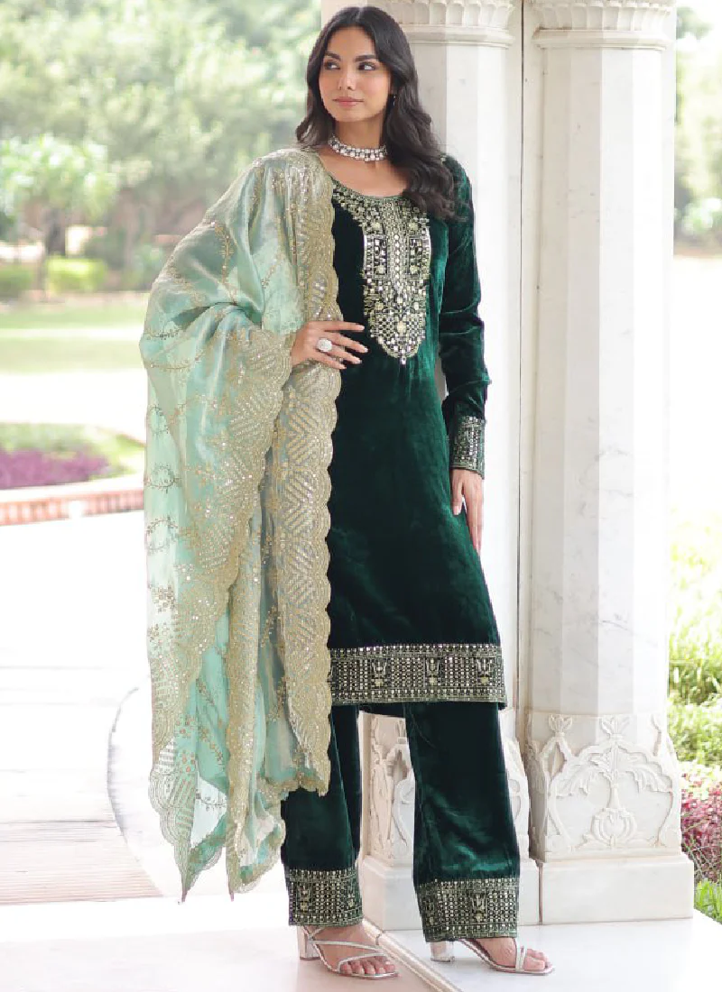 Embroidered Dark Green Velvet Pakistani Salwar Kameez With Dupatta Set - Image 9