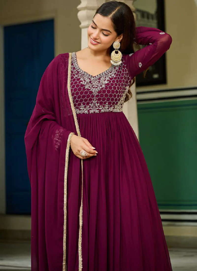 Embroidered Readymade Wine Faux Blooming Anarkali Gown With Dupatta - Image 3