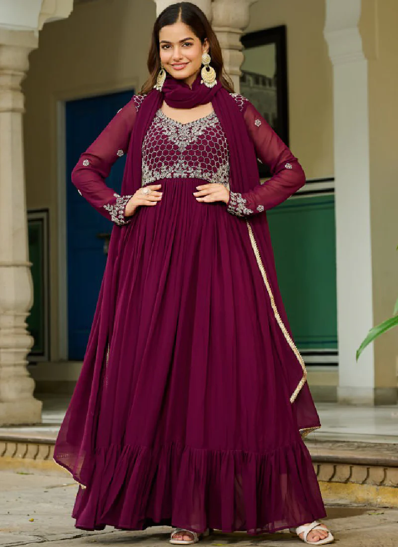 Embroidered Readymade Wine Faux Blooming Anarkali Gown With Dupatta - Image 5