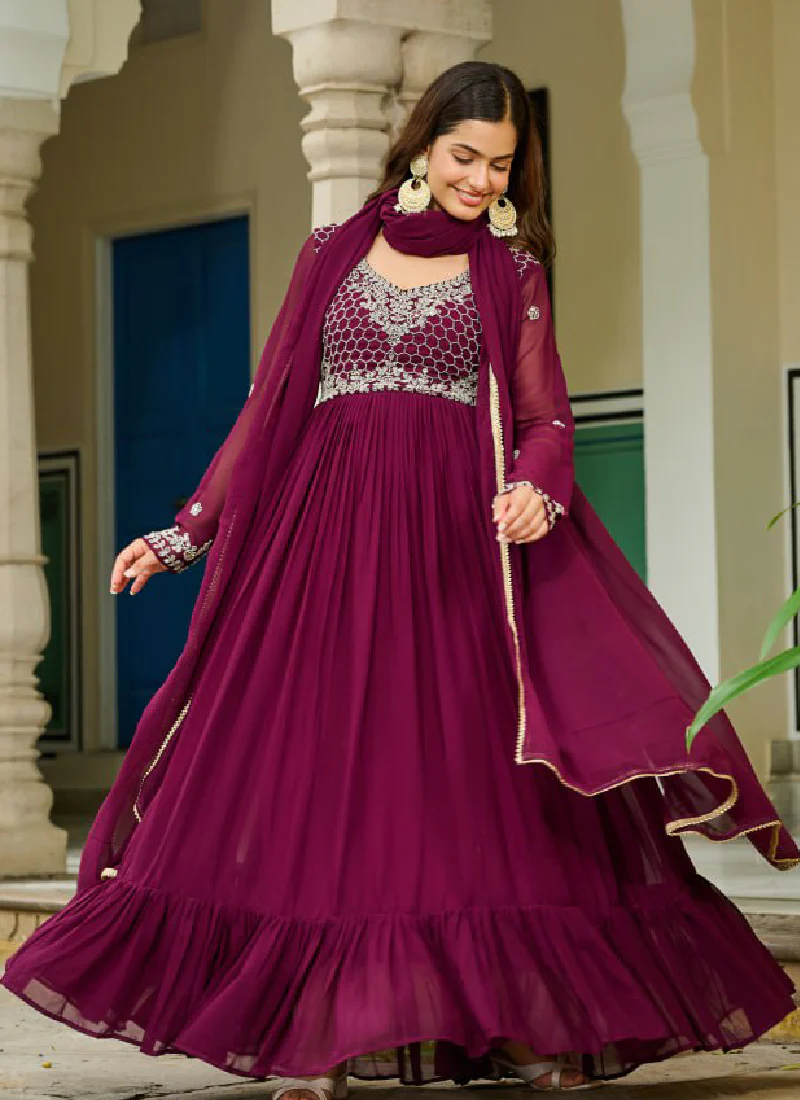 Embroidered Readymade Wine Faux Blooming Anarkali Gown With Dupatta - Image 6