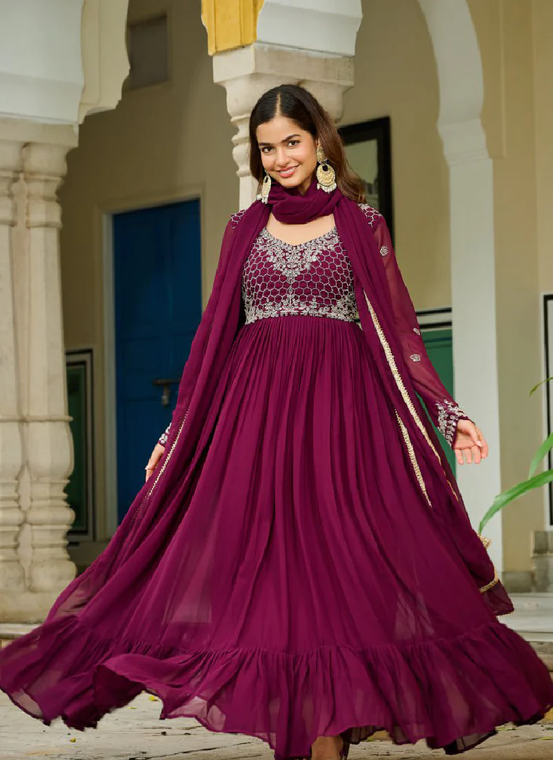 Embroidered Readymade Wine Faux Blooming Anarkali Gown With Dupatta - Image 7