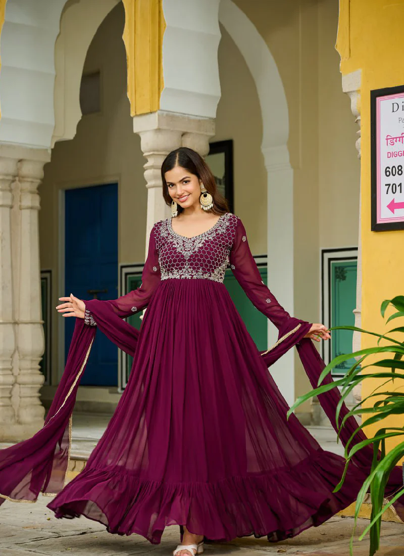 Embroidered Readymade Wine Faux Blooming Anarkali Gown With Dupatta - Image 8