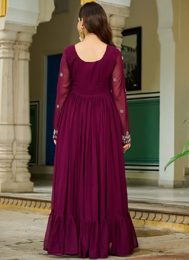 Embroidered Readymade Wine Faux Blooming Anarkali Gown With Dupatta - Image 9
