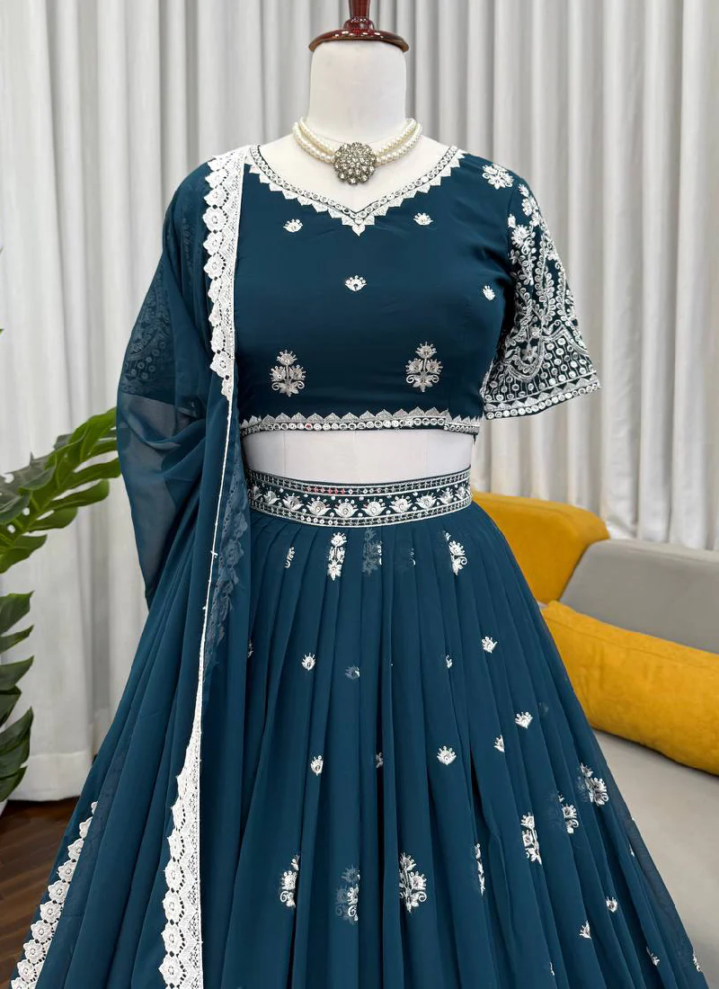 Embroidered Teal Blue Georgette Lehenga Choli Set For Women - Image 2