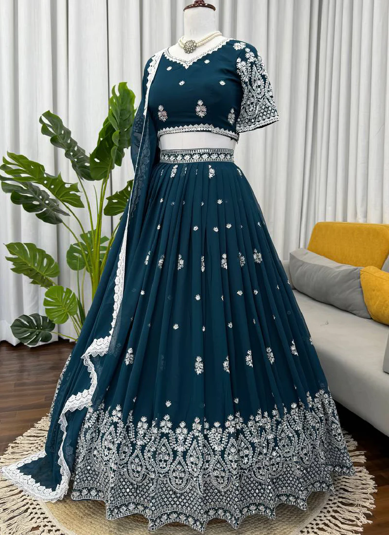 Embroidered Teal Blue Georgette Lehenga Choli Set For Women - Image 3