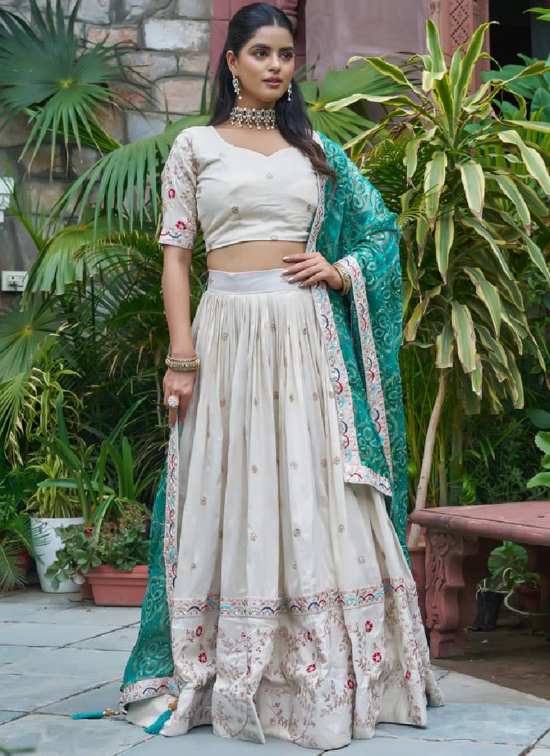Embroidered Tissue Silk Off White Lehenga Choli With Green Dupatta