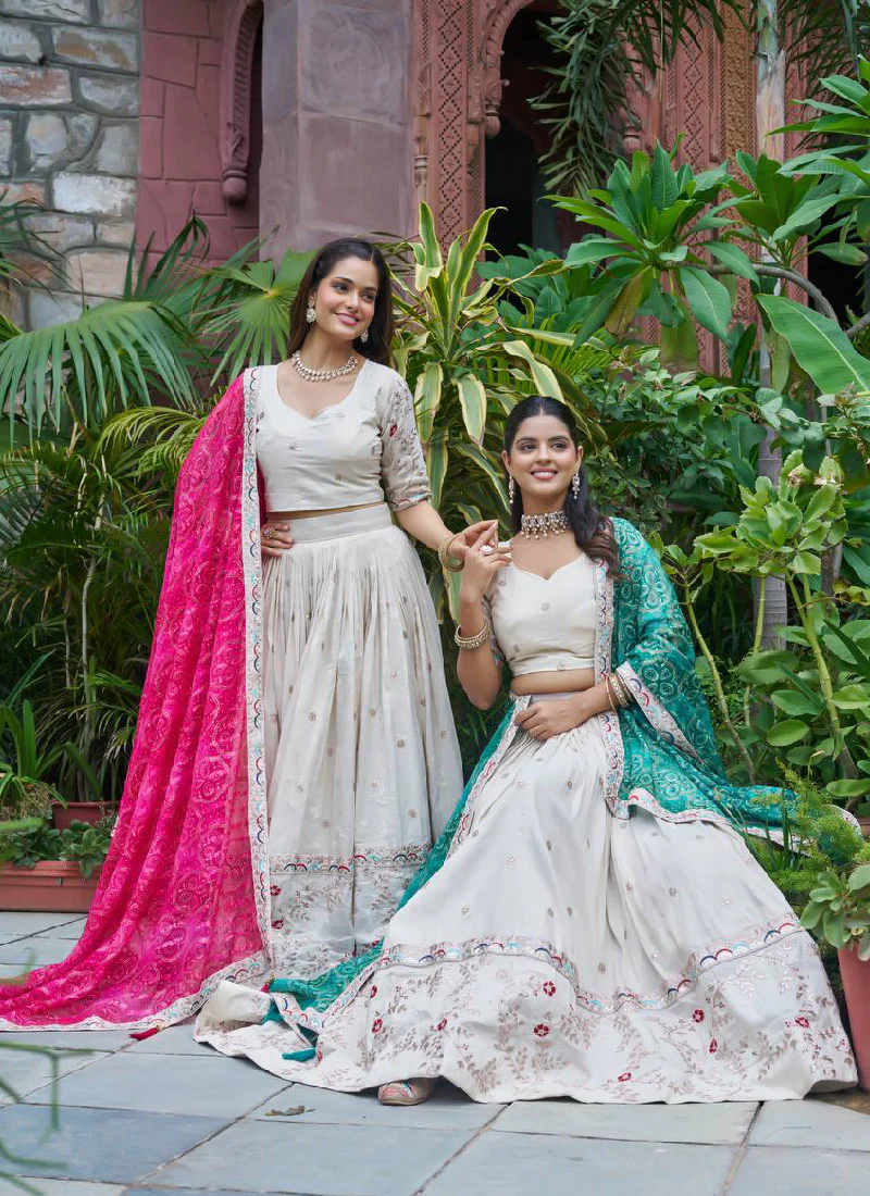Stylish Off White Tissue Silk Cording Embroidery Wedding Lehenga Choli - Image 12