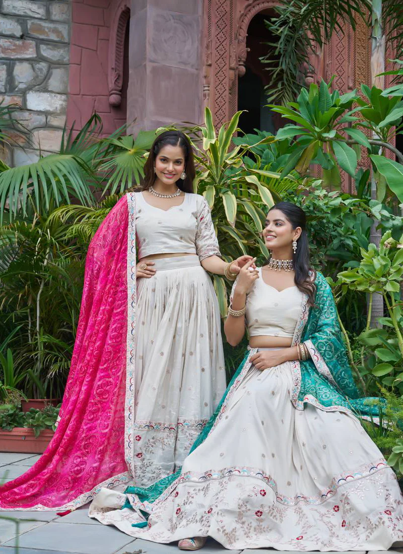 Stylish Off White Tissue Silk Cording Embroidery Wedding Lehenga Choli - Image 13