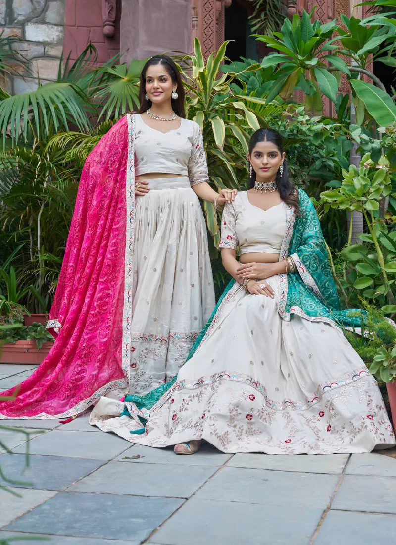 Stylish Off White Tissue Silk Cording Embroidery Wedding Lehenga Choli - Image 14
