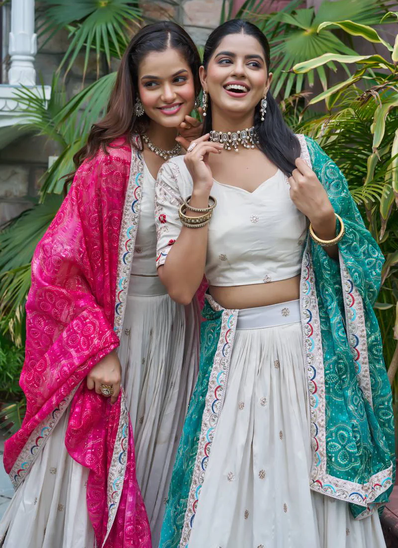 Stylish Off White Tissue Silk Cording Embroidery Wedding Lehenga Choli - Image 8