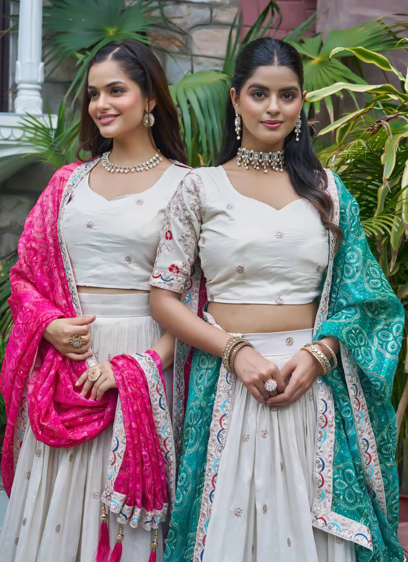 Stylish Off White Tissue Silk Cording Embroidery Wedding Lehenga Choli - Image 9