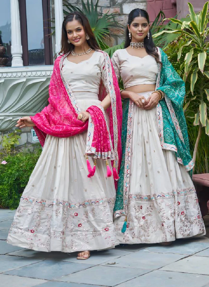Stylish Off White Tissue Silk Cording Embroidery Wedding Lehenga Choli - Image 10