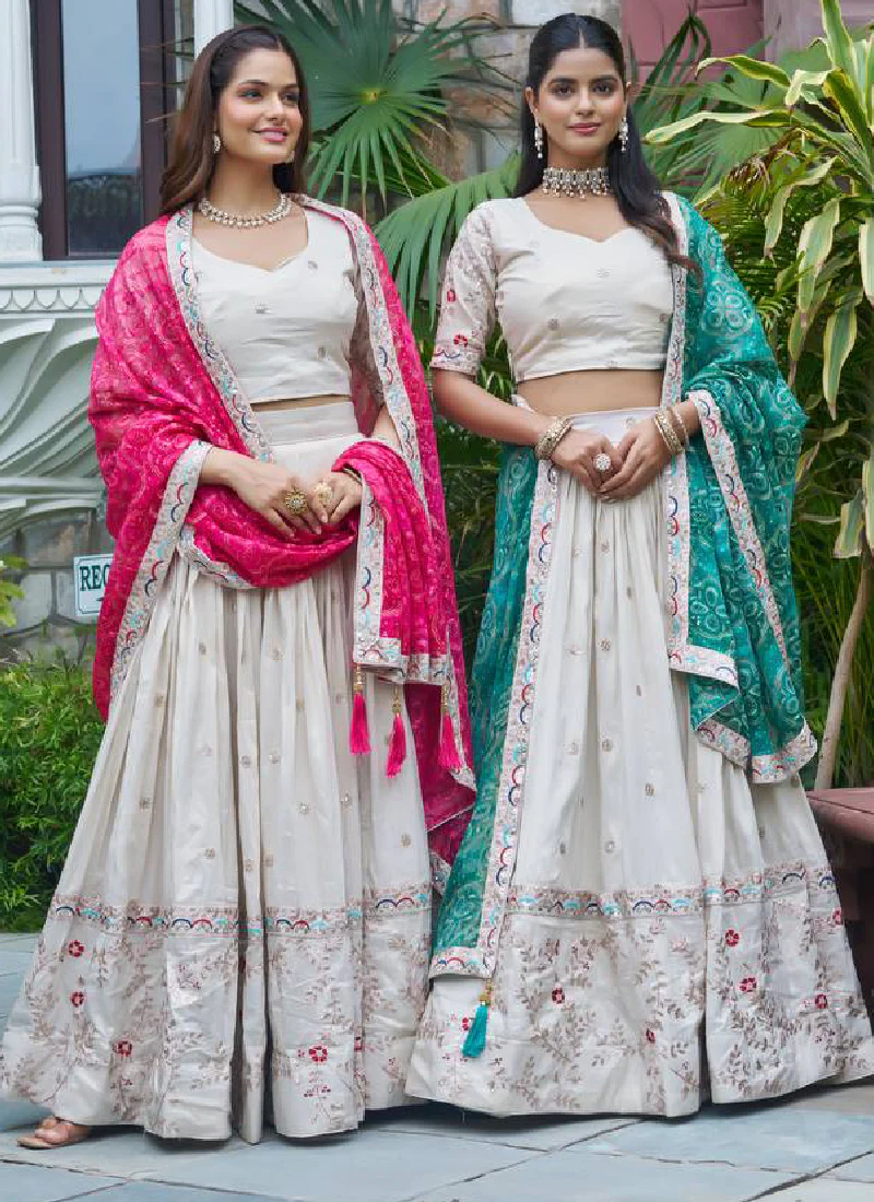 Stylish Off White Tissue Silk Cording Embroidery Wedding Lehenga Choli - Image 11