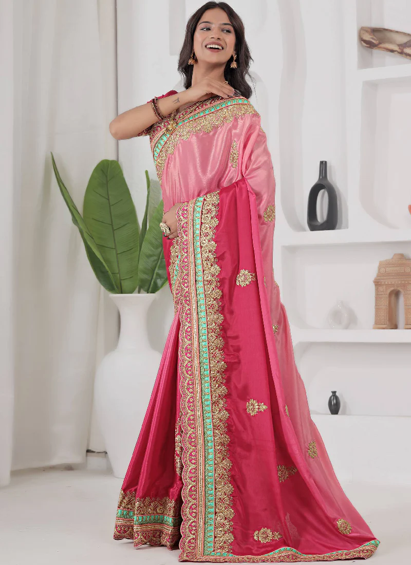 Embroidered Work Chinon Silk Red And Peach Shaded Saree With Blouse - Image 3