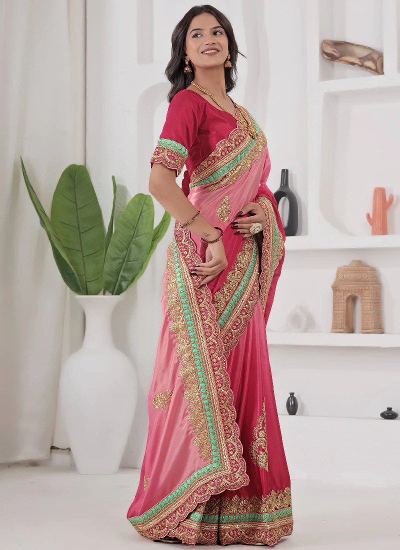 Embroidered Work Chinon Silk Red And Peach Shaded Saree With Blouse - Image 4