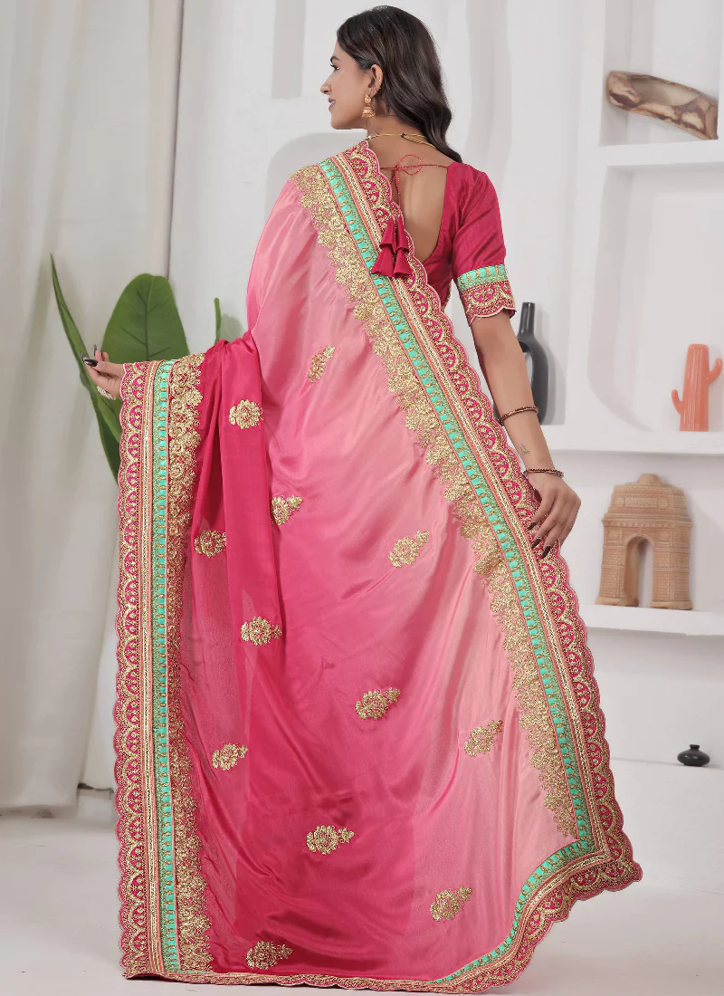 Embroidered Work Chinon Silk Red And Peach Shaded Saree With Blouse - Image 5