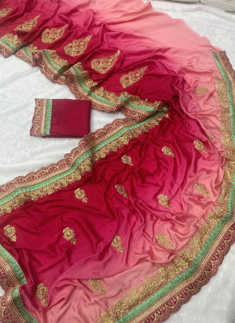Embroidered Work Chinon Silk Red And Peach Shaded Saree With Blouse - Image 6