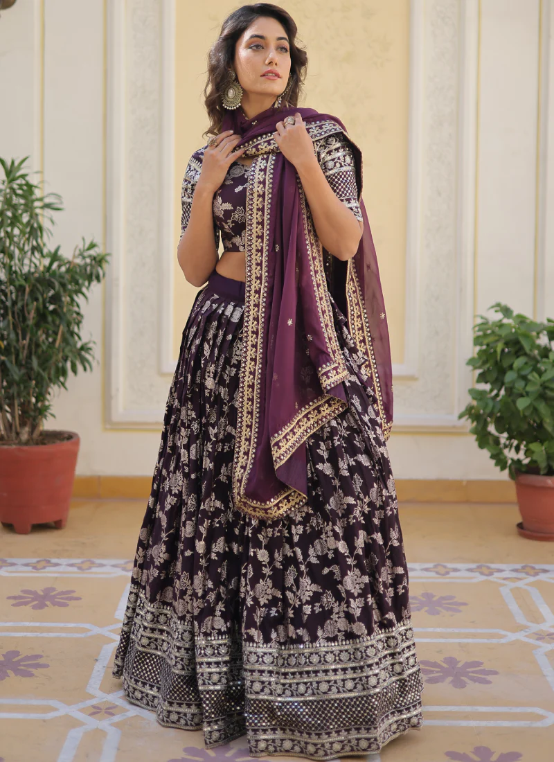 Embroidered Work Floral Viscose Jacquard Wine Lehenga Choli - Image 2