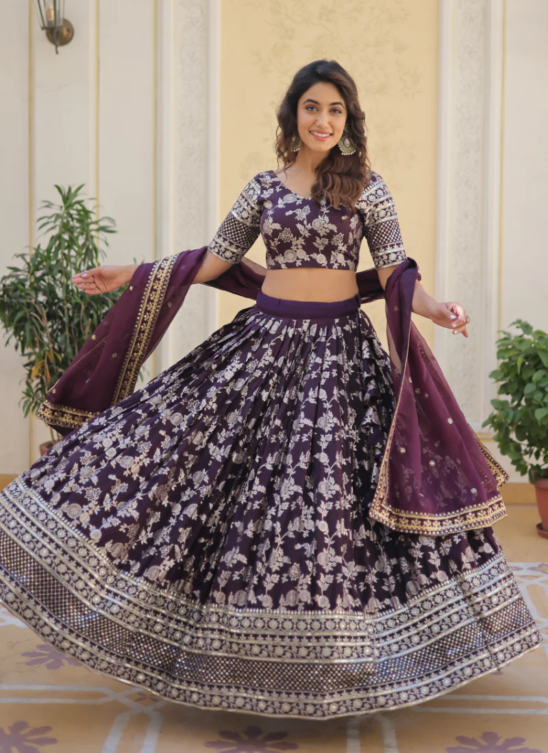 Embroidered Work Floral Viscose Jacquard Wine Lehenga Choli - Image 3