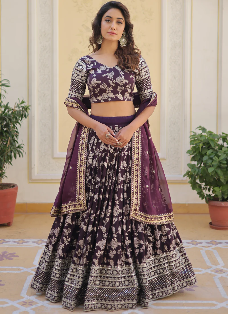 Embroidered Work Floral Viscose Jacquard Wine Lehenga Choli - Image 4