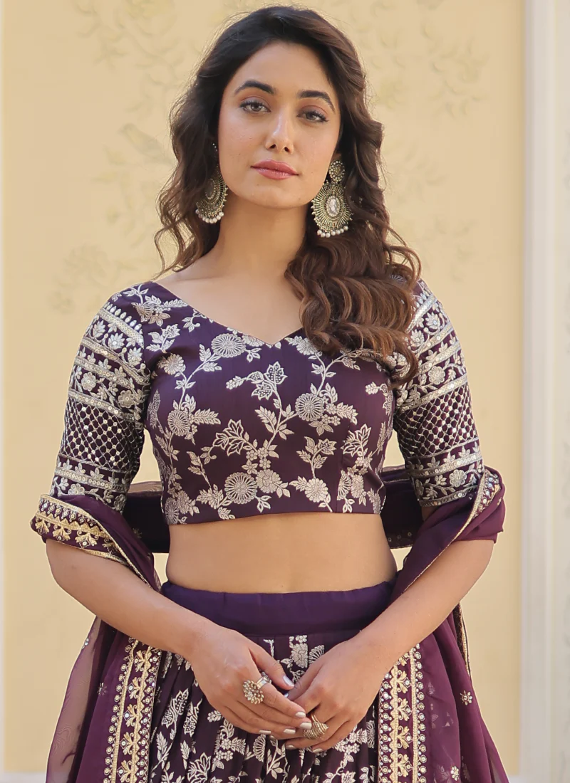 Embroidered Work Floral Viscose Jacquard Wine Lehenga Choli - Image 5