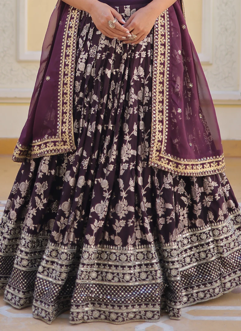 Embroidered Work Floral Viscose Jacquard Wine Lehenga Choli - Image 6
