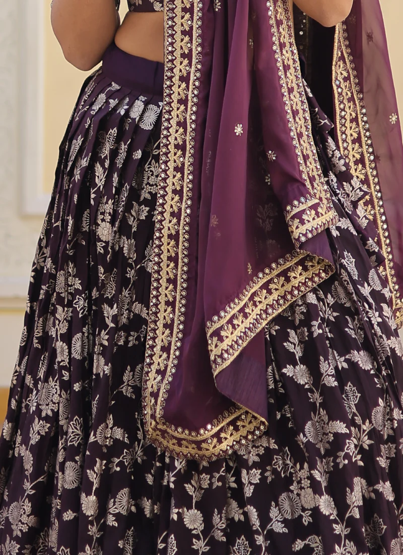 Embroidered Work Floral Viscose Jacquard Wine Lehenga Choli - Image 7