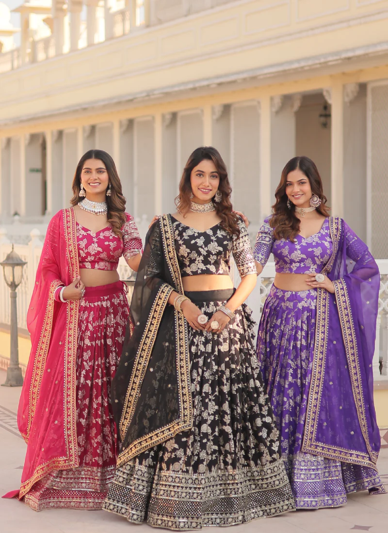 Embroidered Work Floral Viscose Jacquard Wine Lehenga Choli - Image 9